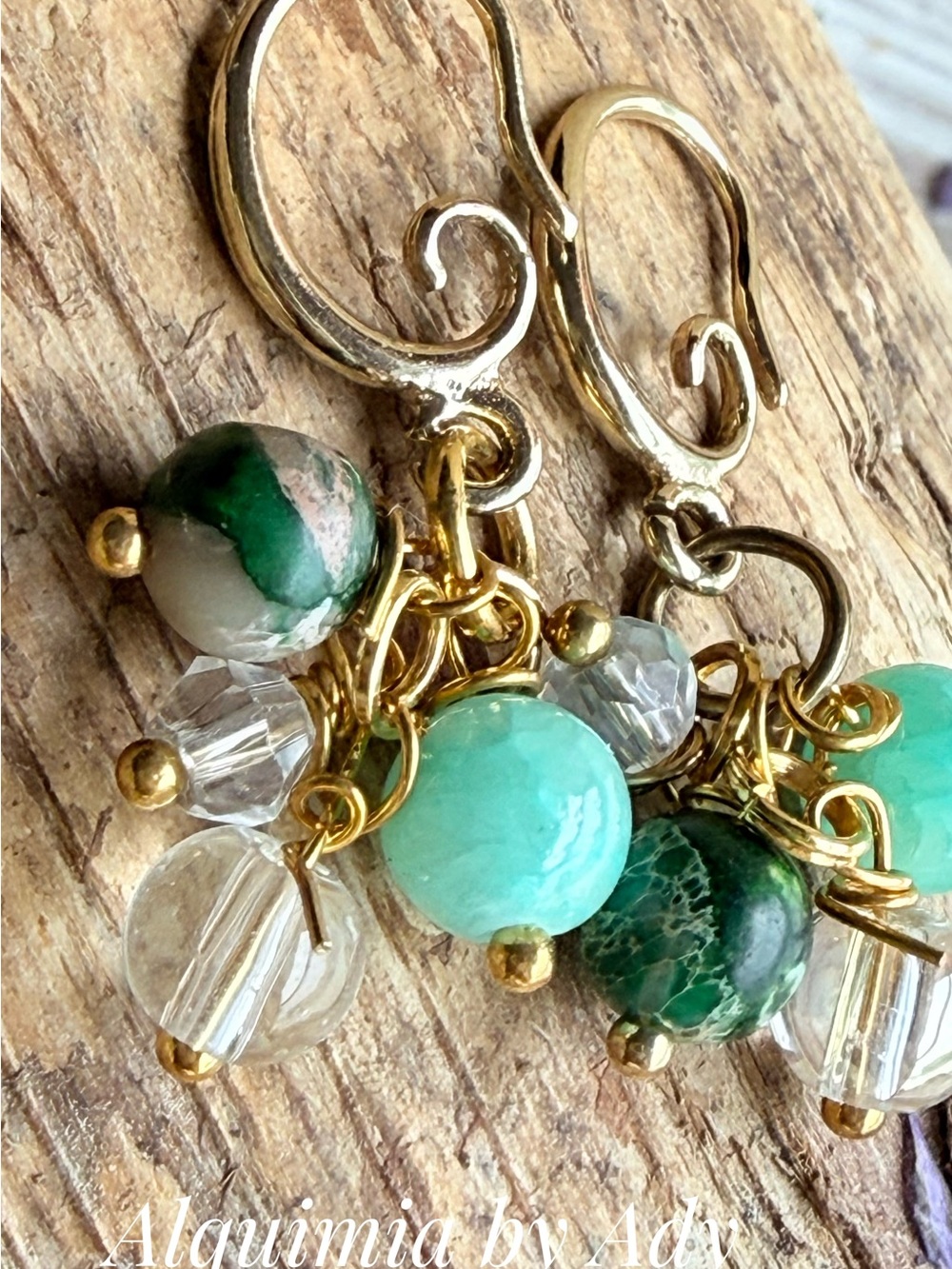 Gold clusters Kelly green amazonite dangle earrings